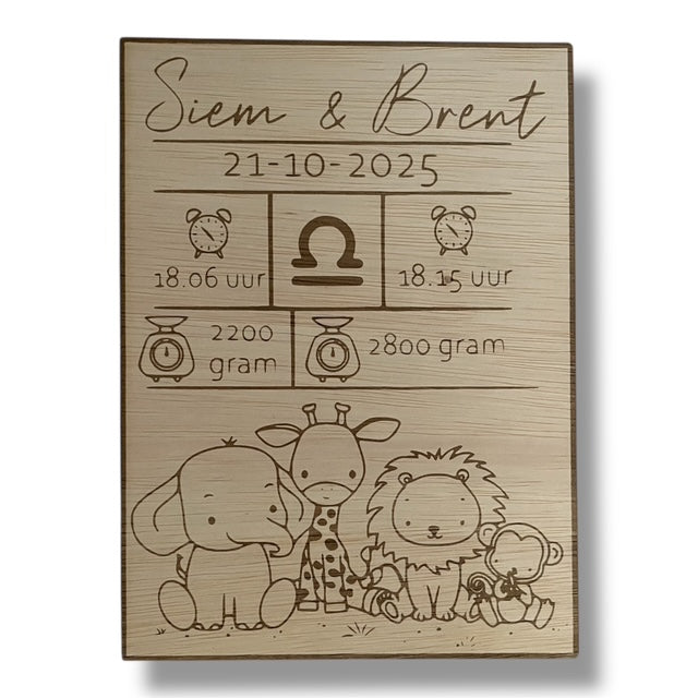 Gepersonaliseerd geboortebord met diertjes