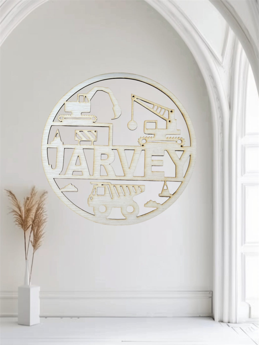 Naam bord met werkvoertuigen