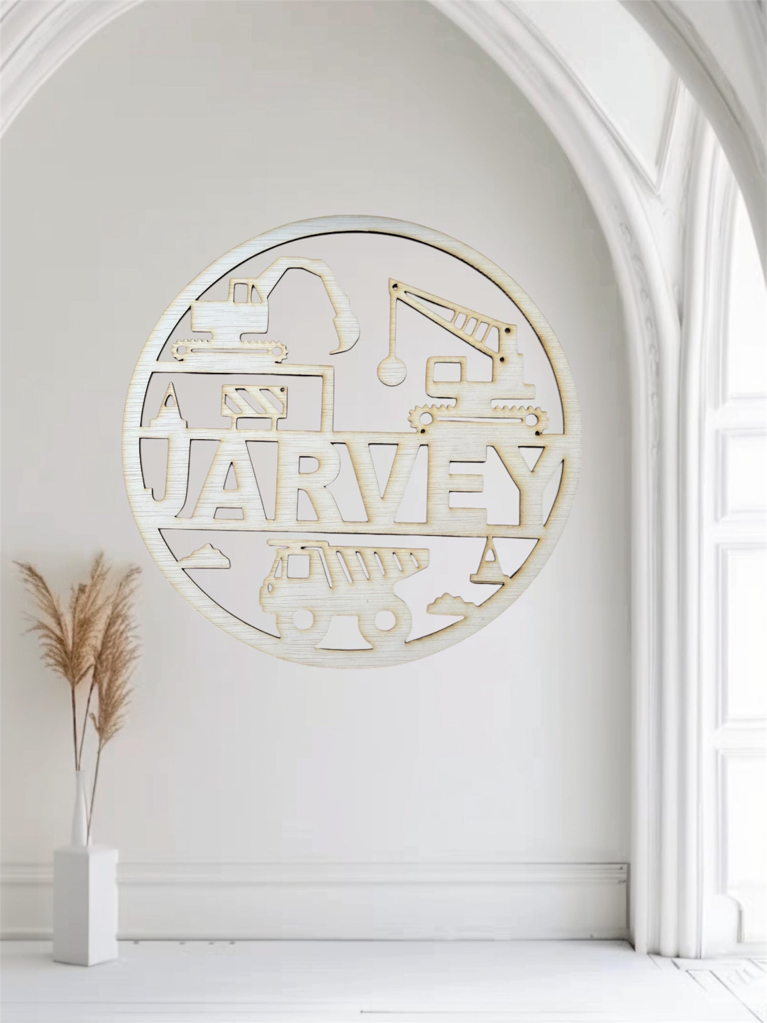 Naam bord met werkvoertuigen