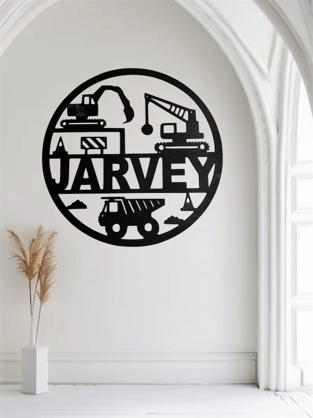 Naam bord met werkvoertuigen